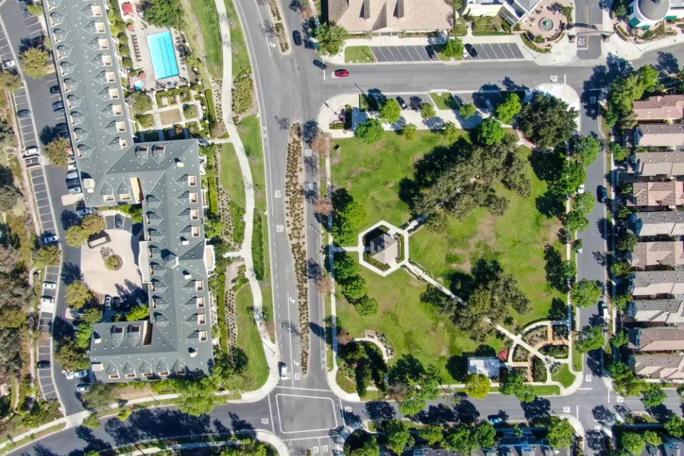 A aerial view of Ladera Ranch, California, showing a variety of buildings and open space.